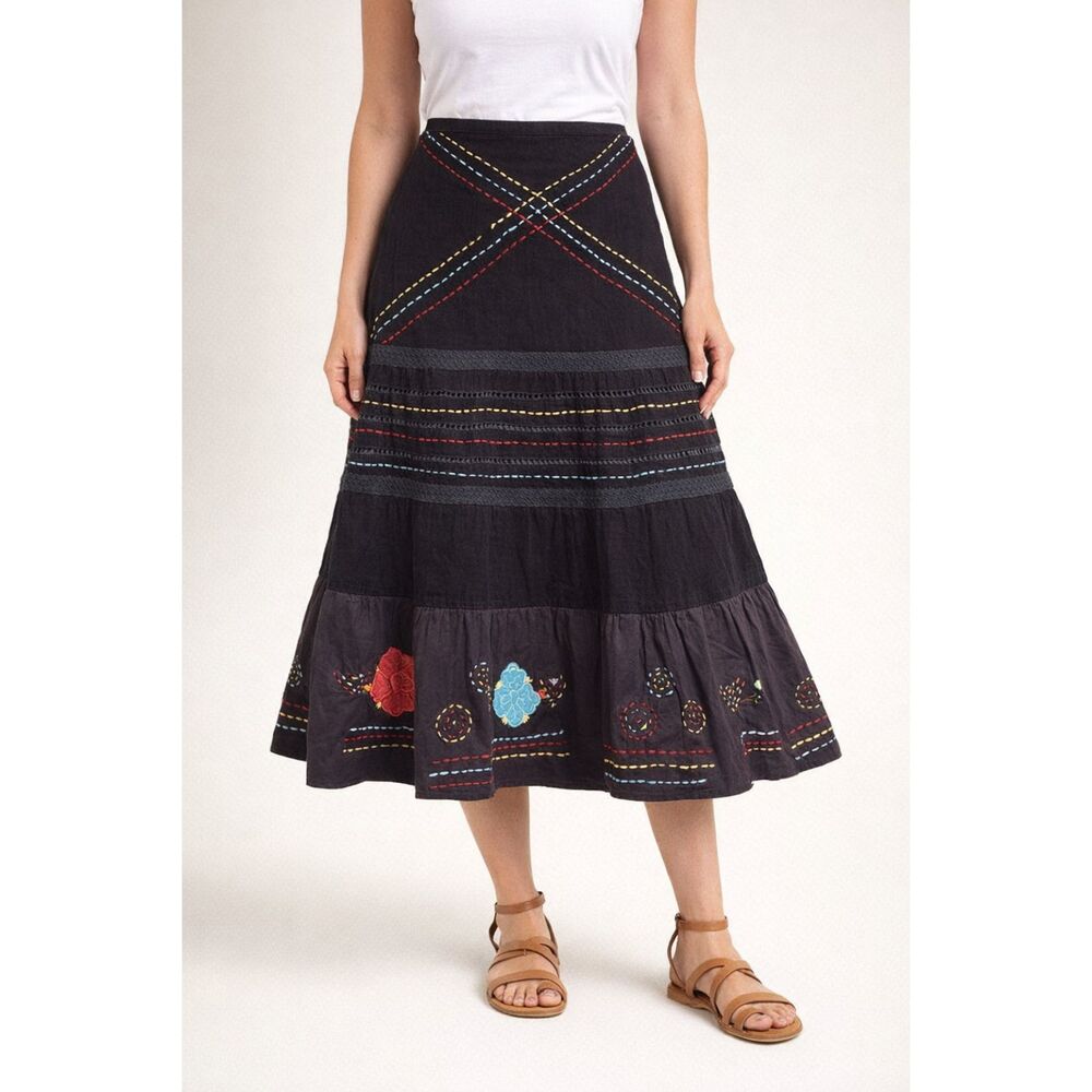 NWOT Raga Brown Embroidered Midi Skirt Lined Cotton Fall Boho Festival XS 0/2